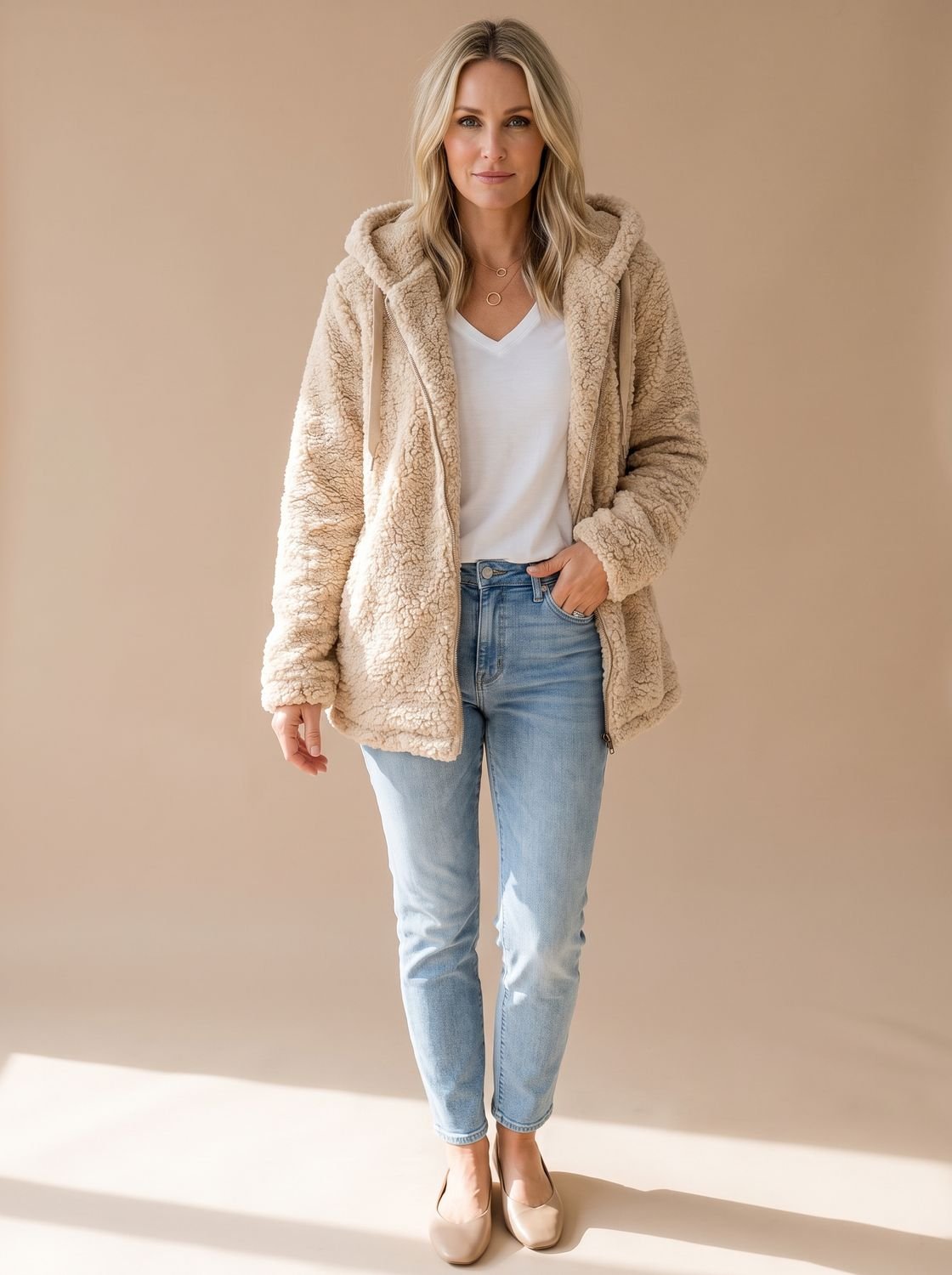 Women's Oversized Hooded Teddy Fleece Zip-Up Coat
