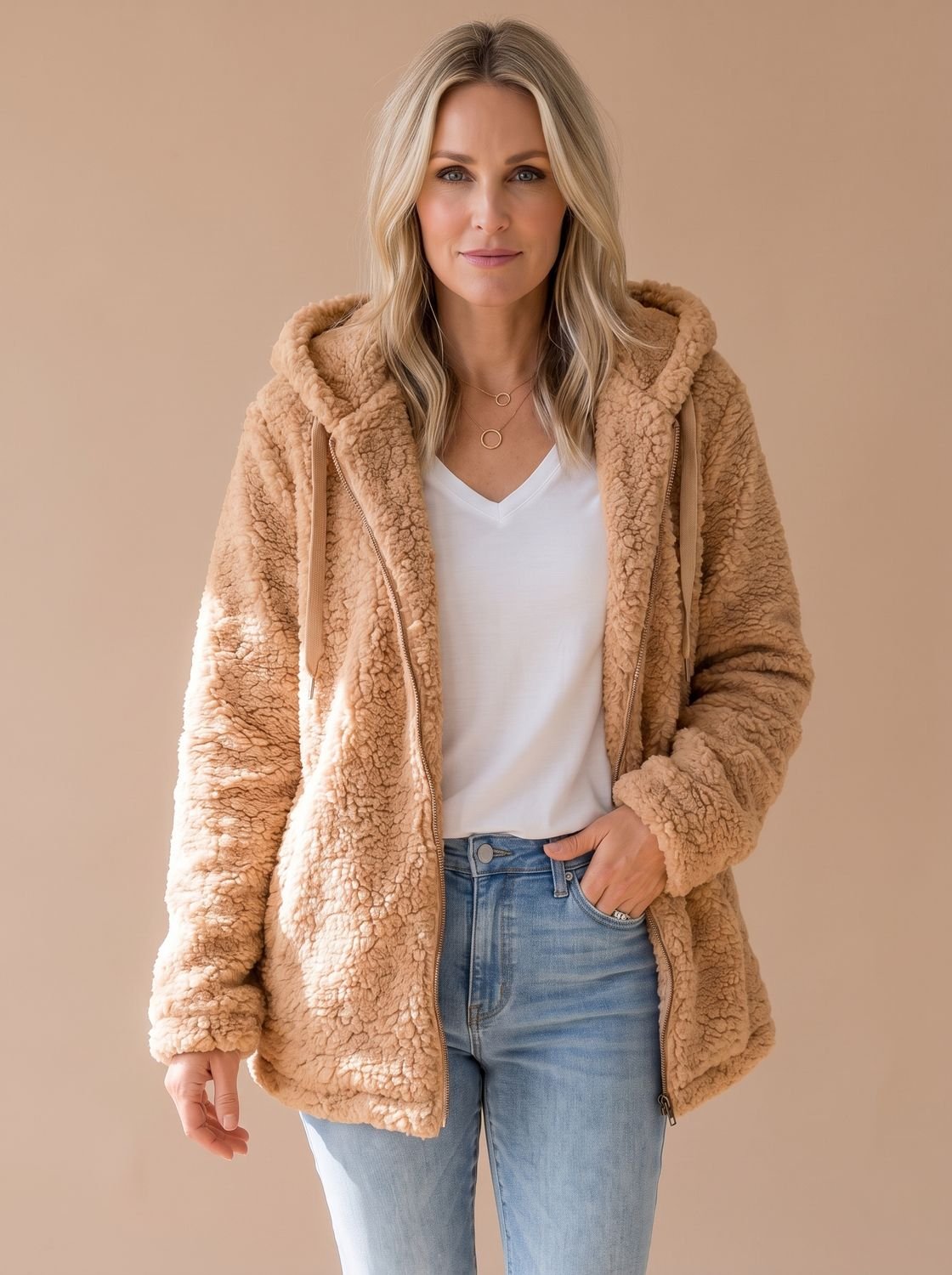 Women's Oversized Hooded Teddy Fleece Zip-Up Coat