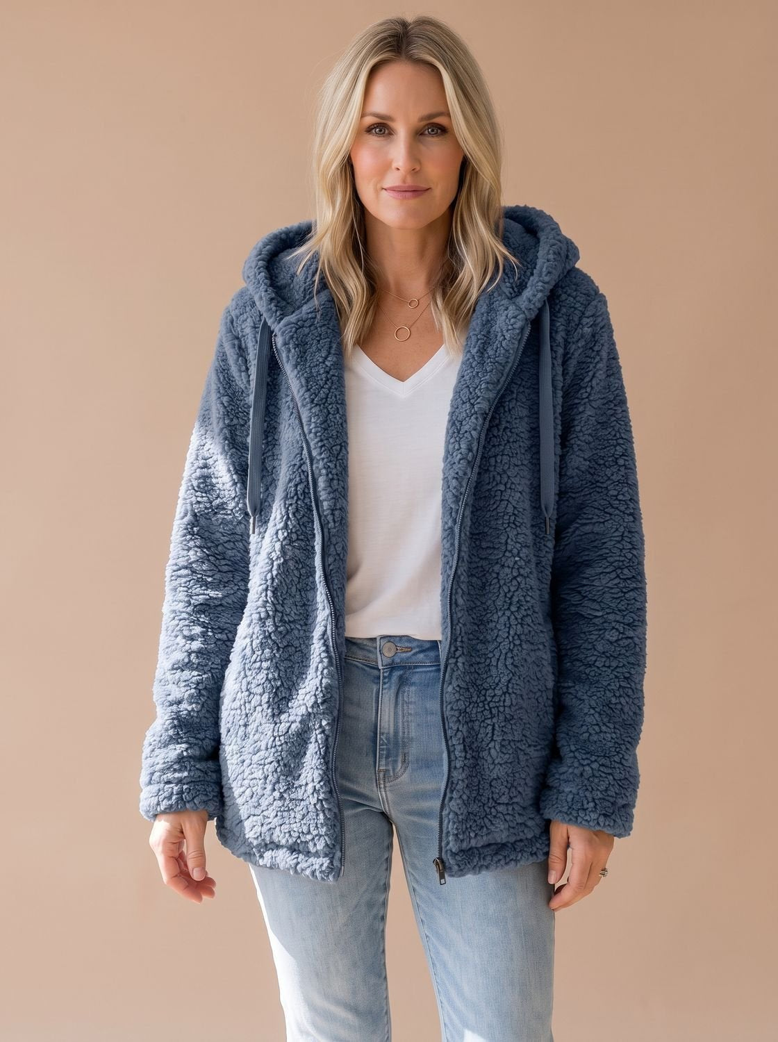 Women's Oversized Hooded Teddy Fleece Zip-Up Coat