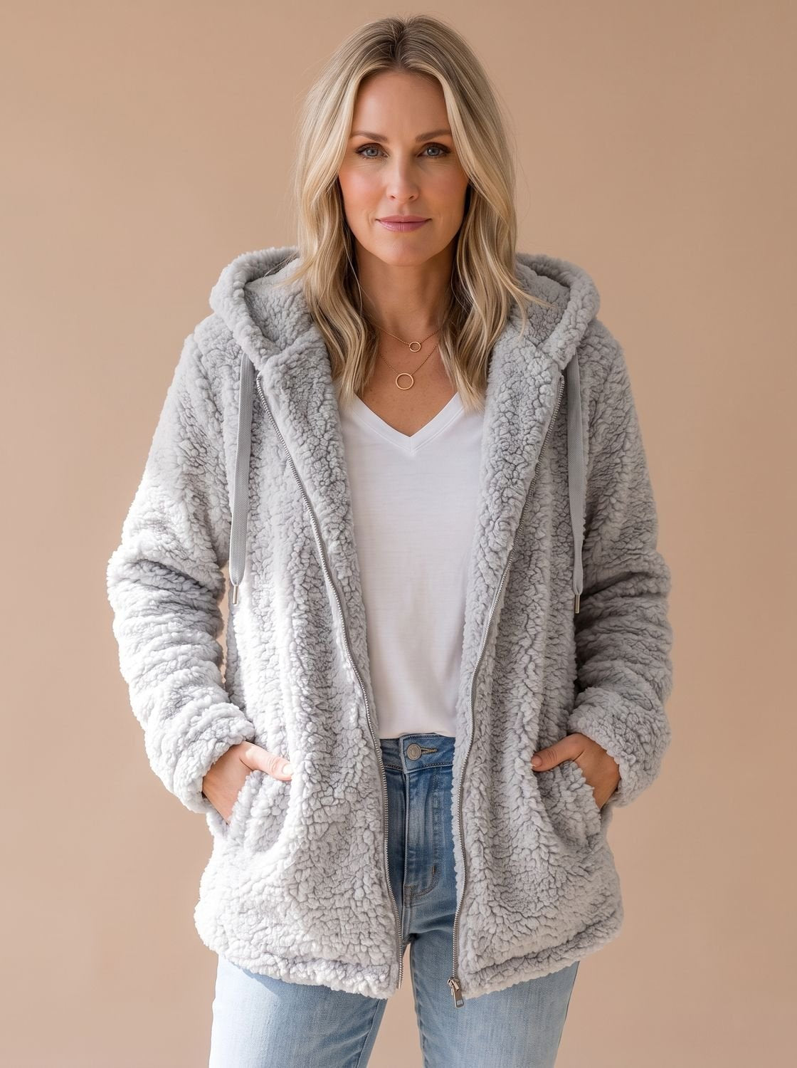 Women's Oversized Hooded Teddy Fleece Zip-Up Coat