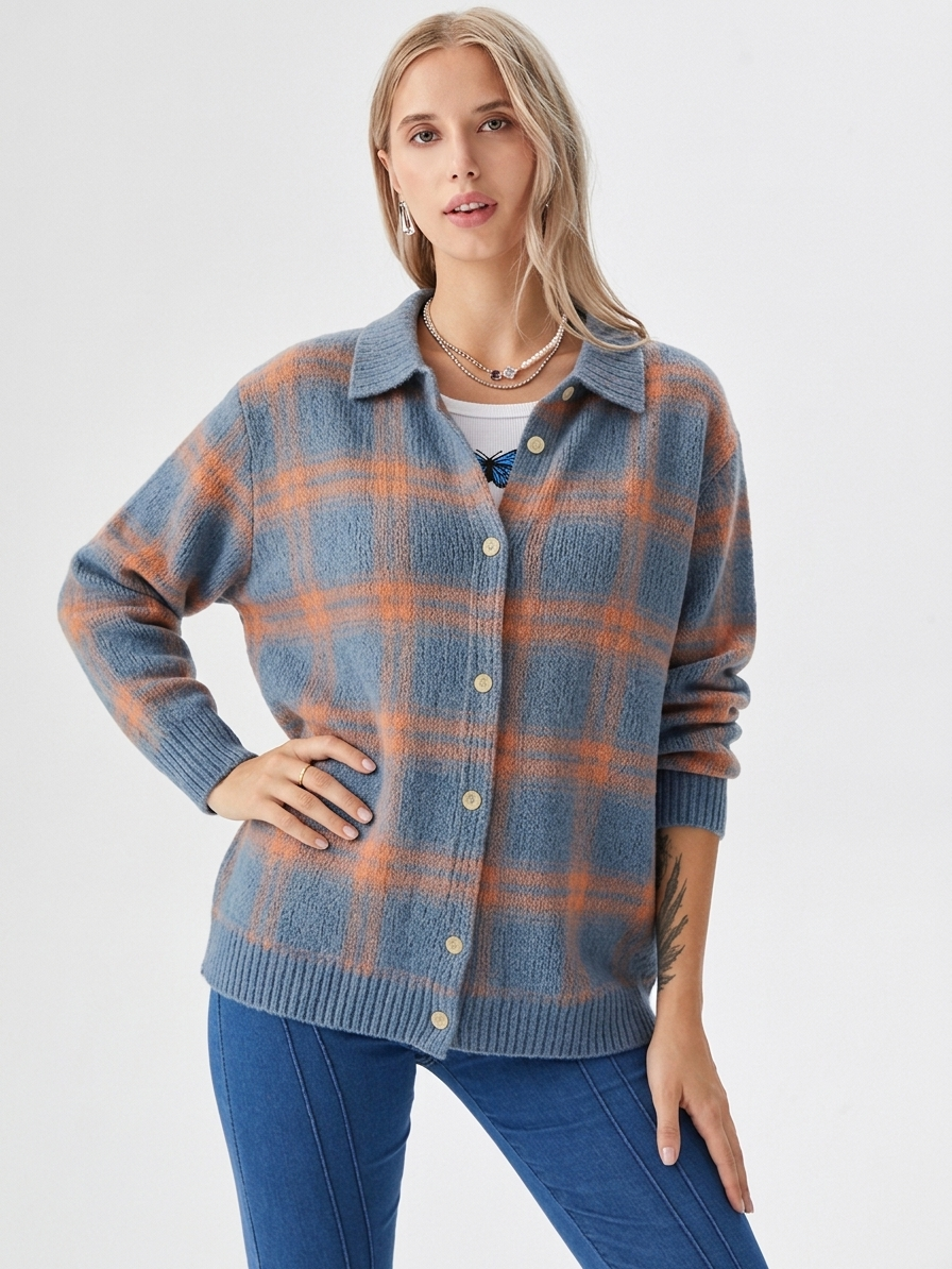 Women's Oversized Plaid Button-Down Cardigan for Fall/Winter