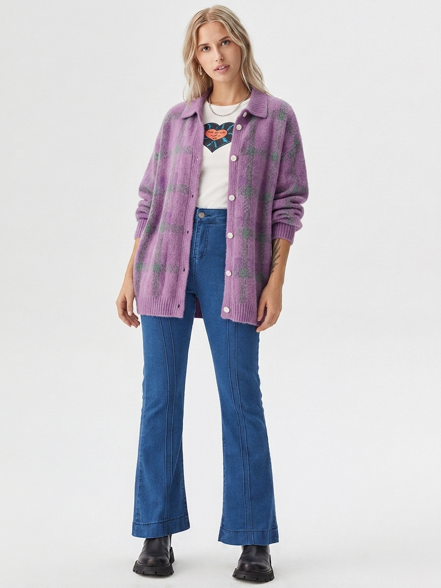 Women's Oversized Plaid Button-Down Cardigan for Fall/Winter