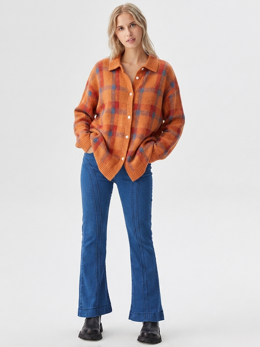 Women's Oversized Plaid Button-Down Cardigan for Fall/Winter