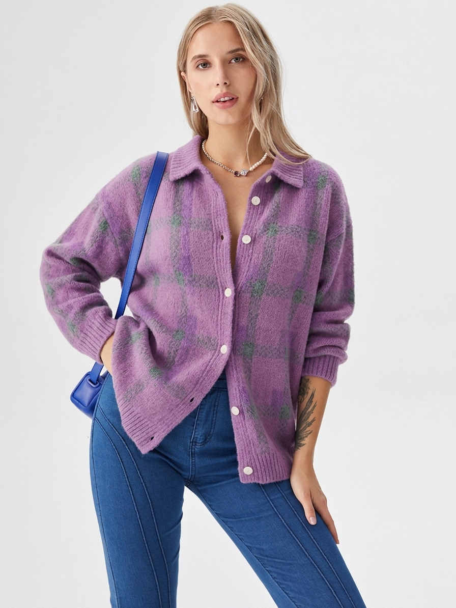 Women's Oversized Plaid Button-Down Cardigan for Fall/Winter