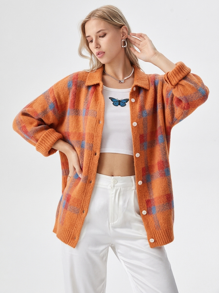 Women's Oversized Plaid Button-Down Cardigan for Fall/Winter