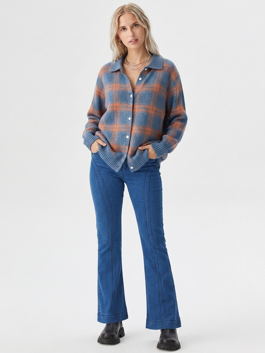 Women's Oversized Plaid Button-Down Cardigan for Fall/Winter