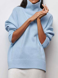 Women's Oversized Ribbed-Knit Turtleneck Sweater with Elbow Slits