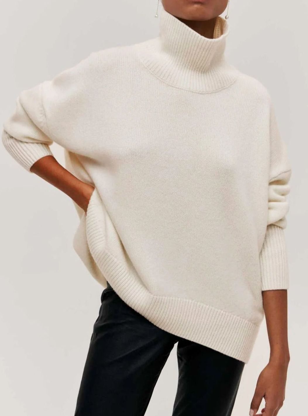 Women's Oversized Ribbed-Knit Turtleneck Sweater with Elbow Slits