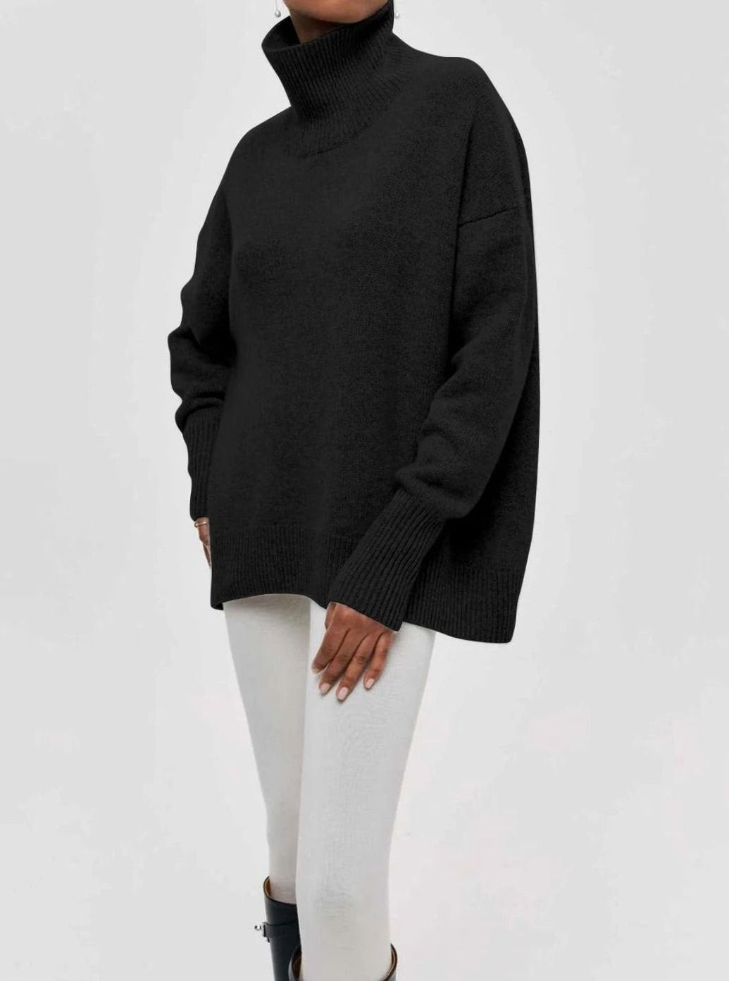 Women's Oversized Ribbed-Knit Turtleneck Sweater with Elbow Slits