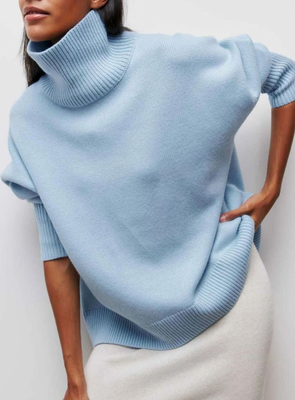 Women's Oversized Ribbed-Knit Turtleneck Sweater with Elbow Slits