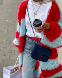Women's Oversized Striped Long Open-Front Knit Cardigan