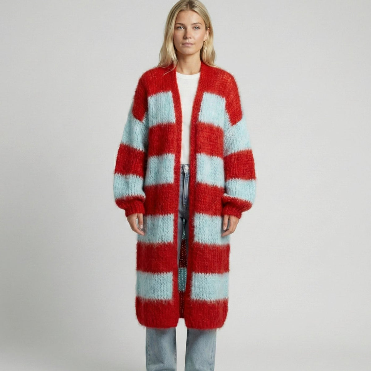 Women's Oversized Striped Long Open-Front Knit Cardigan