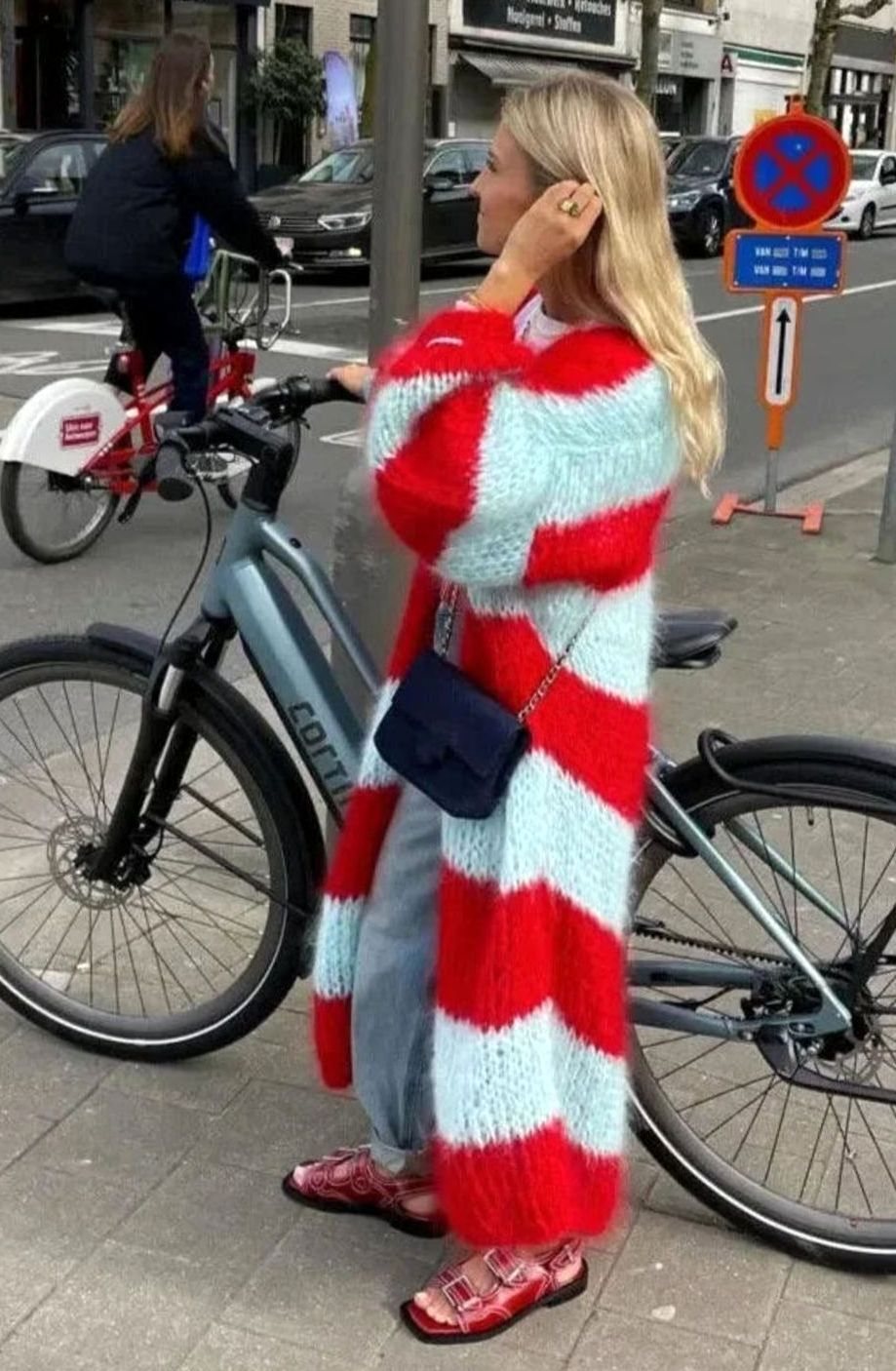 Women's Oversized Striped Long Open-Front Knit Cardigan
