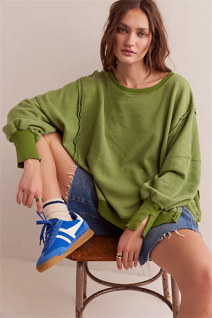 Women's Oversized Sweatshirt with Balloon Sleeves, Exposed Seams, and Side Slits