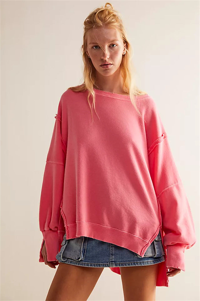 Women's Oversized Sweatshirt with Balloon Sleeves, Exposed Seams, and Side Slits