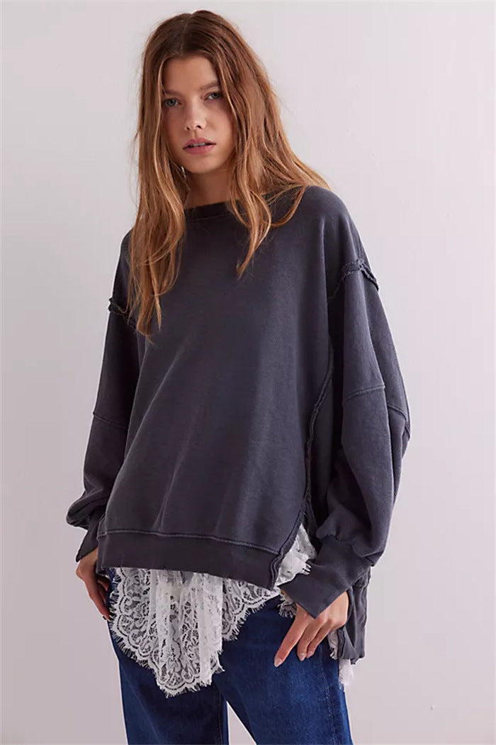 Women's Oversized Sweatshirt with Balloon Sleeves, Exposed Seams, and Side Slits