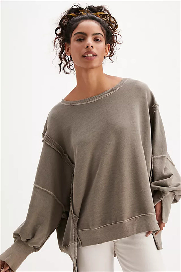 Women's Oversized Sweatshirt with Balloon Sleeves, Exposed Seams, and Side Slits