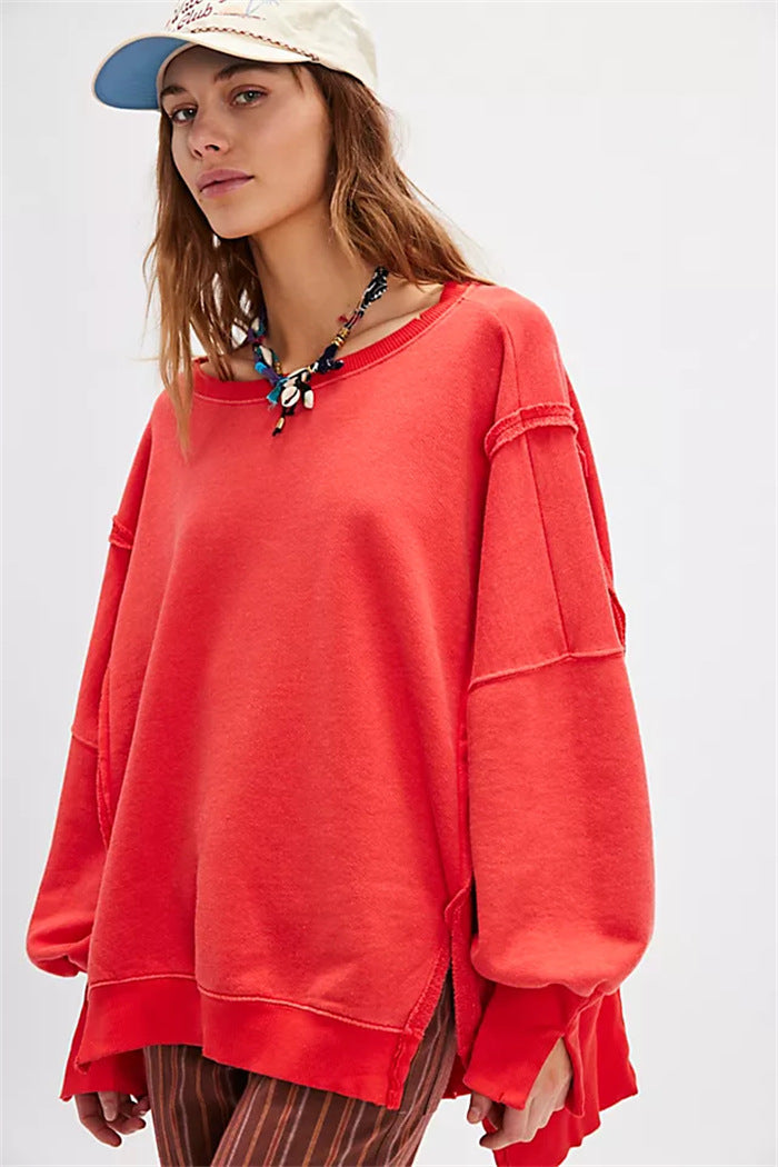 Women's Oversized Sweatshirt with Balloon Sleeves, Exposed Seams, and Side Slits