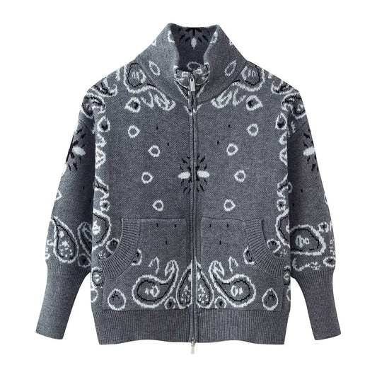 Women's Patterned Zip-Up Cardigan with Stand-Up Collar and Pockets