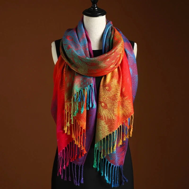 Women's Peacock Pattern Shawl - Bohemian Fringe Wrap