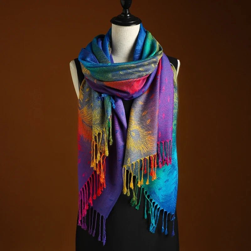Women's Peacock Pattern Shawl - Bohemian Fringe Wrap
