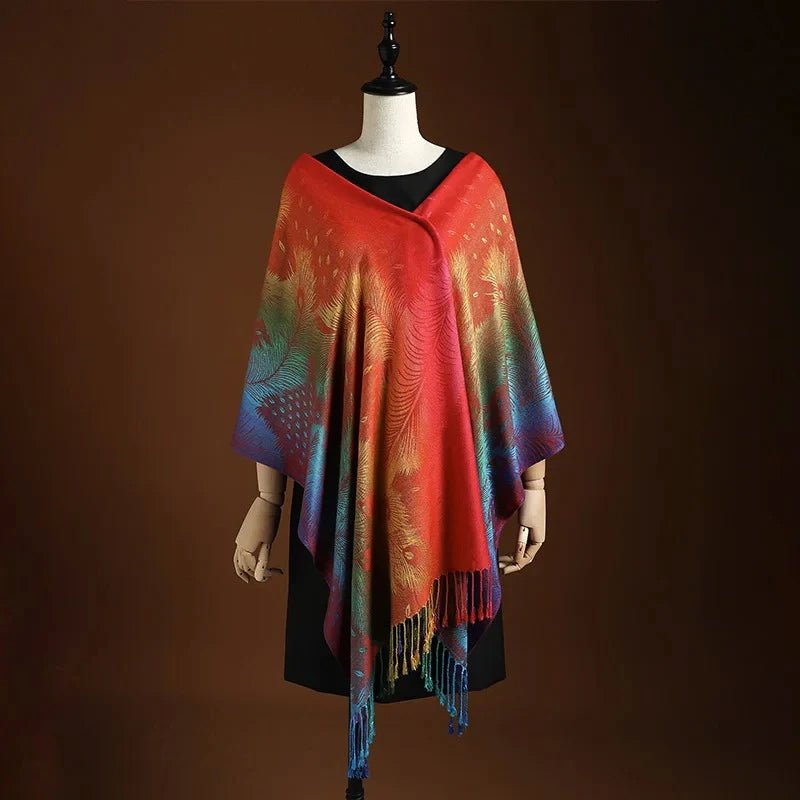 Women's Peacock Pattern Shawl - Bohemian Fringe Wrap