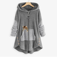 Women's Plush Fleece Zip-Up Hooded Coat with Cat Pocket