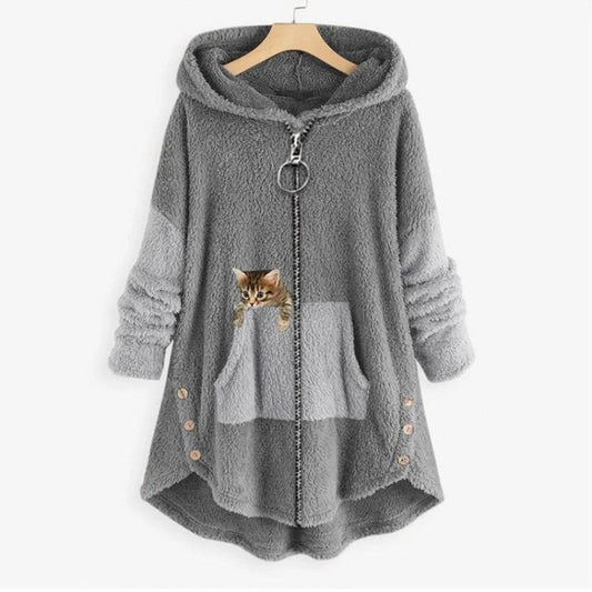 Women's Plush Fleece Zip-Up Hooded Coat with Cat Pocket