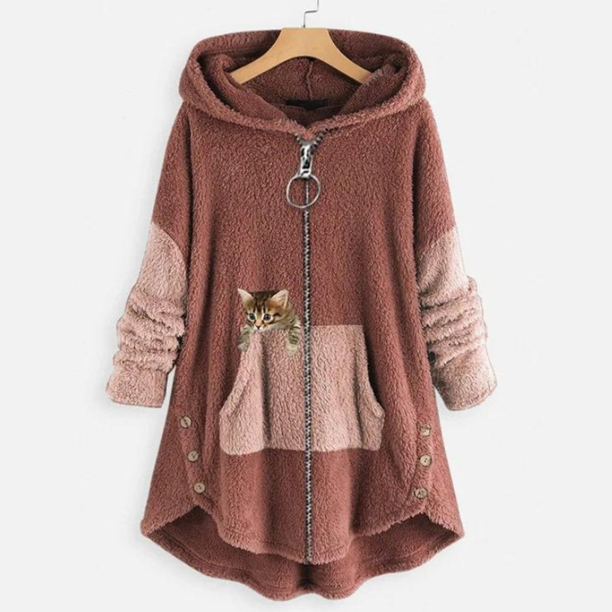 Women's Plush Fleece Zip-Up Hooded Coat with Cat Pocket
