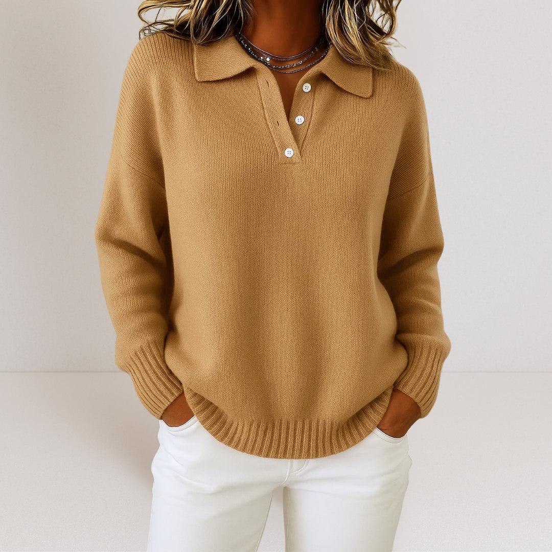 Women's Polo Sweater with Collar and Button Placket