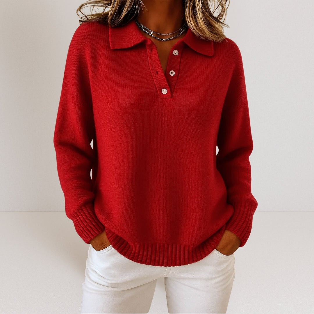 Women's Polo Sweater with Collar and Button Placket