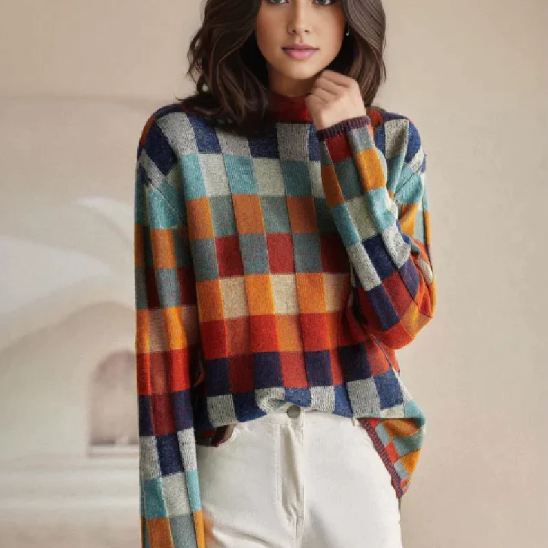 Women's Relaxed Fit Plaid Sweater - Comfortable Checked Knit Pullover with Crew Neck, Soft Oversized Winter Sweater