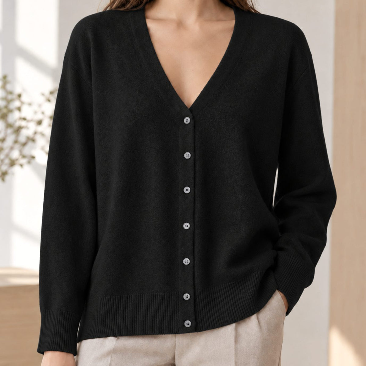 Women's Relaxed-Fit V-Neck Button-Front Knit Cardigan