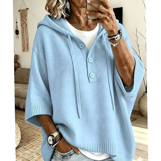 Women's Relaxed Half-Button Hooded Knit Sweater with 3/4 Sleeves