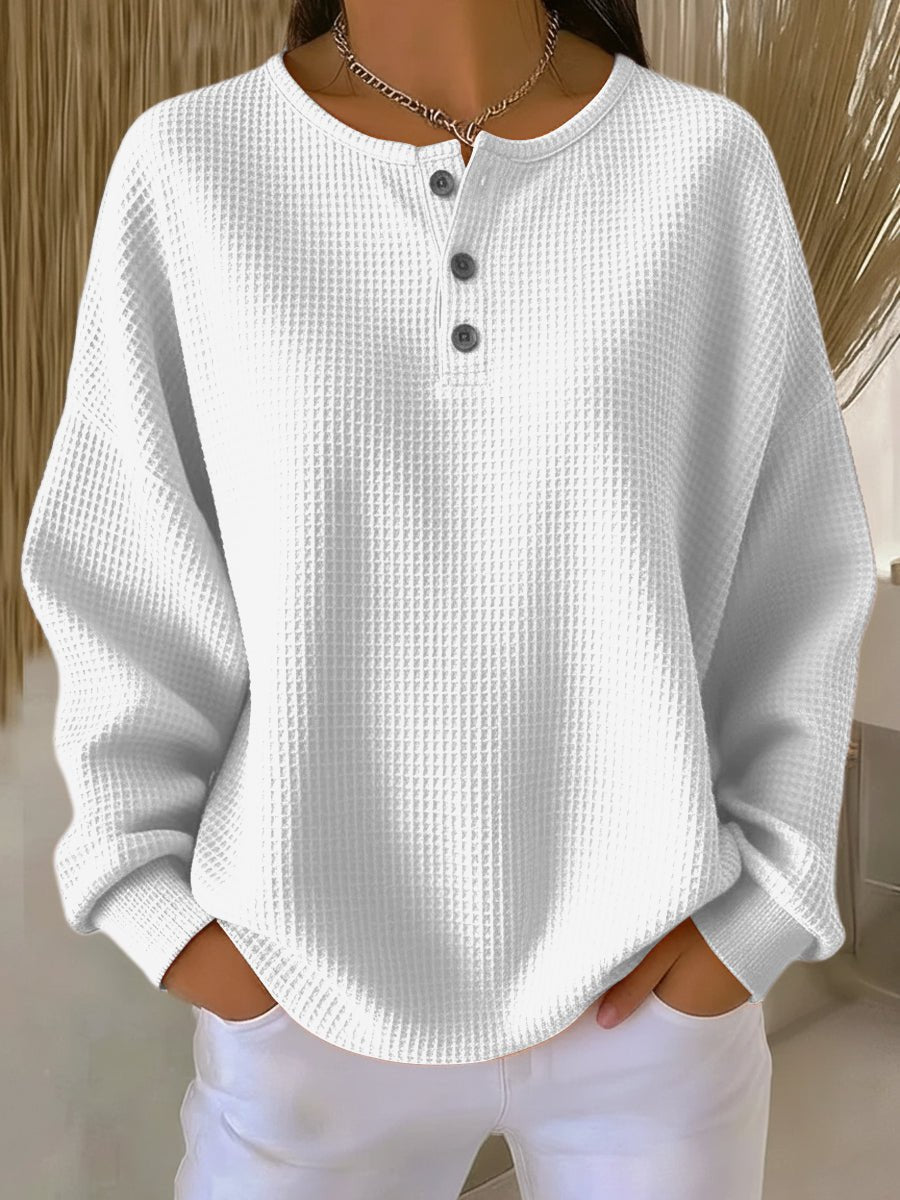 Women's Relaxed Waffle Knit Henley Pullover Sweater