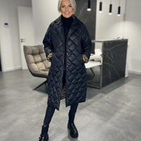 Women's Reversible Quilted Midi Winter Puffer Coat with Leopard Print Lining