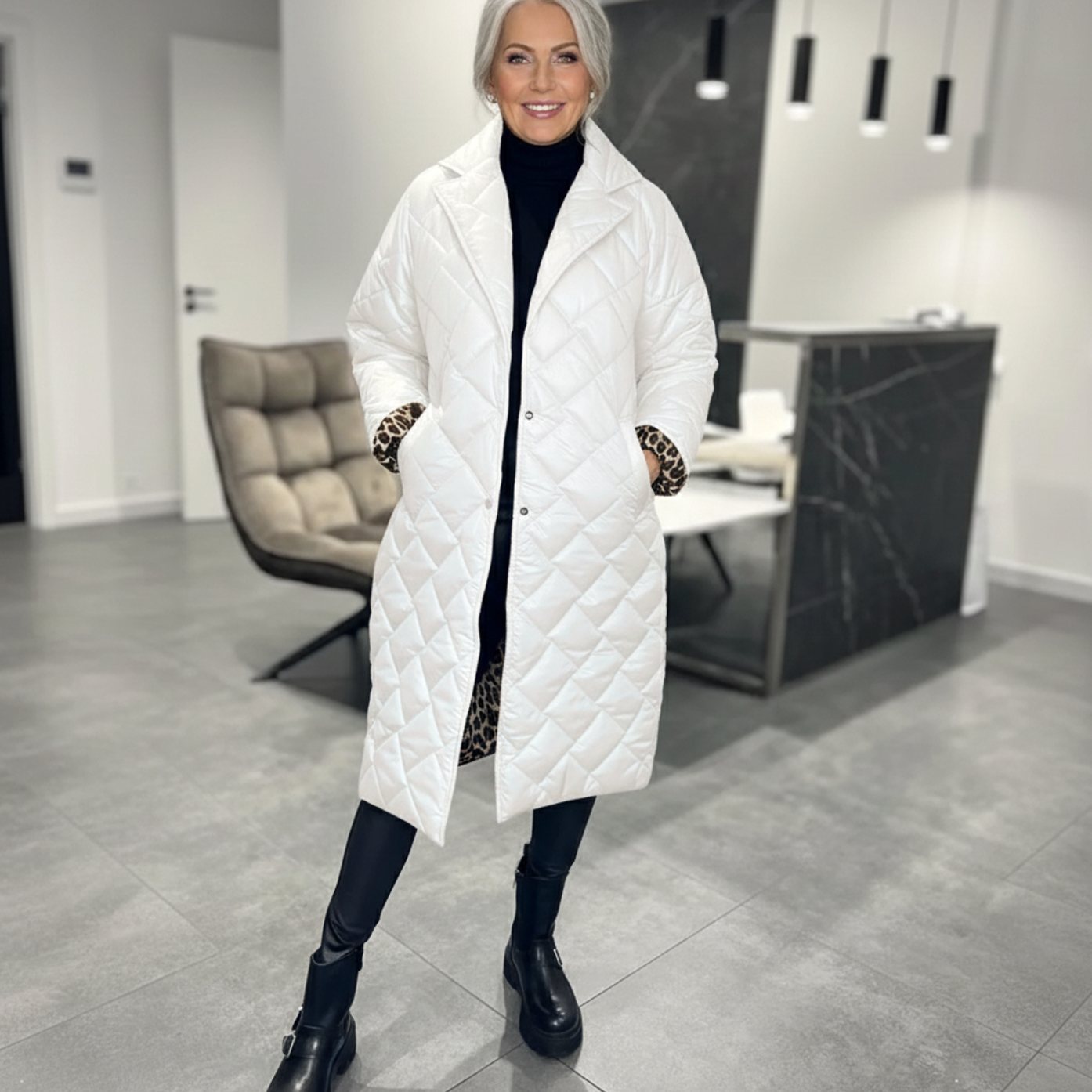 Women's Reversible Quilted Midi Winter Puffer Coat with Leopard Print Lining