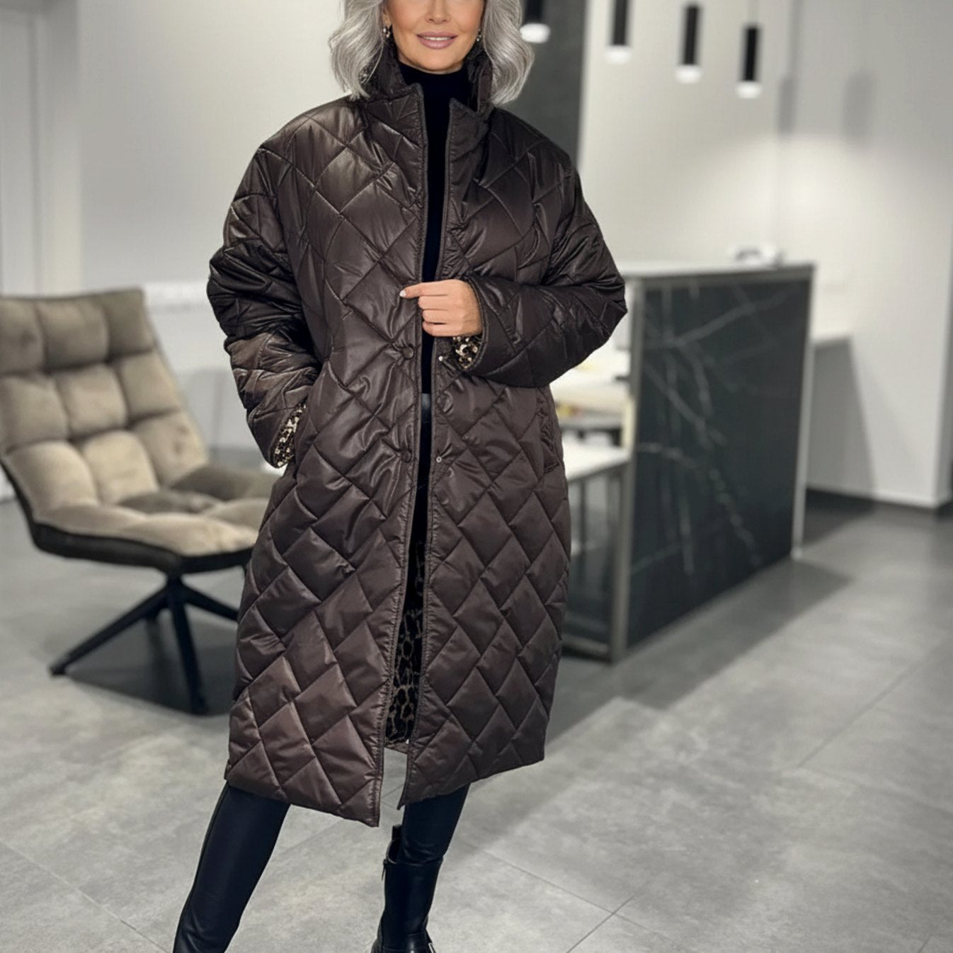 Women's Reversible Quilted Midi Winter Puffer Coat with Leopard Print Lining