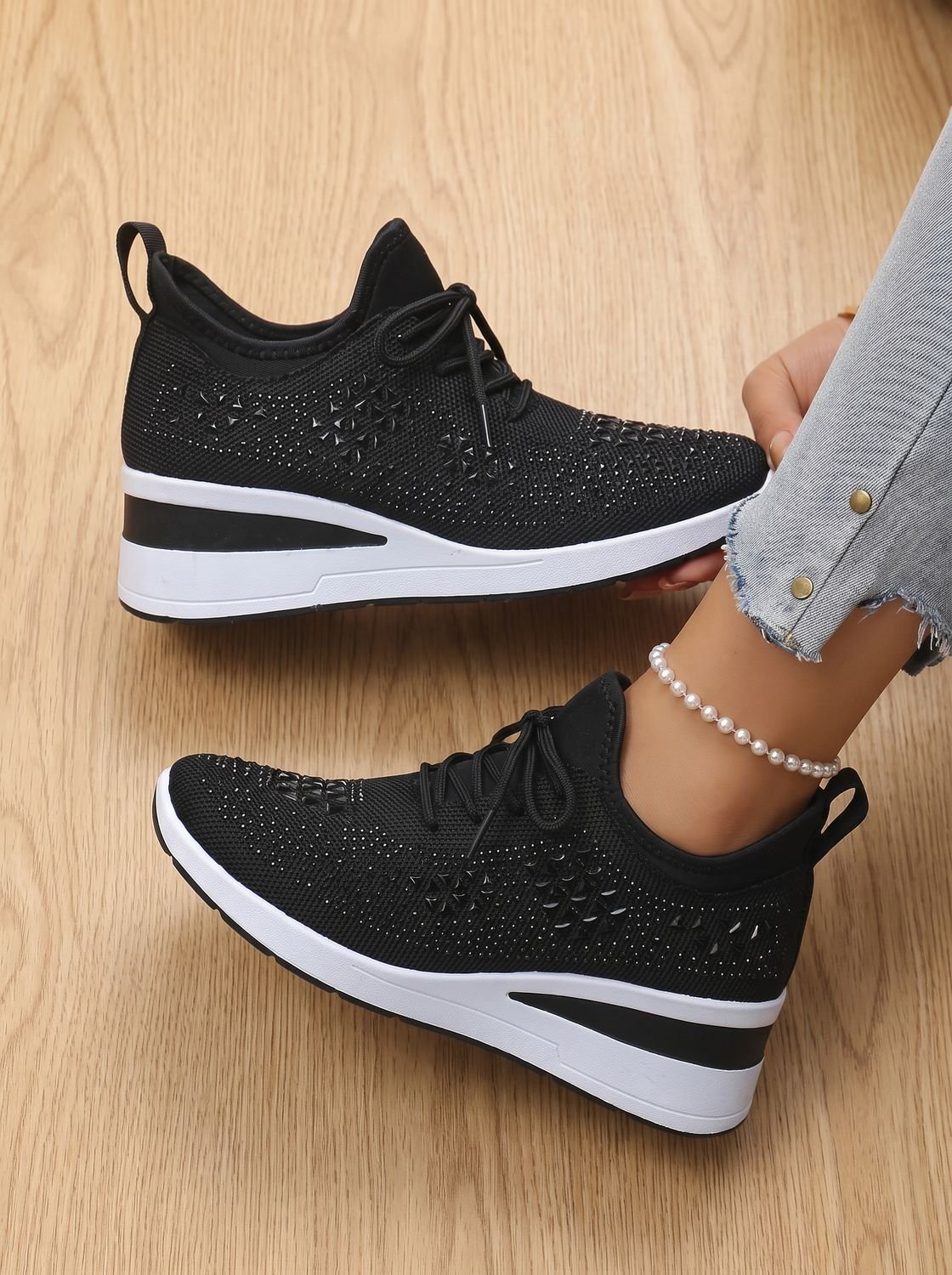 Women's Rhinestone Knit Wedge Lace-Up Orthopedic Sneakers