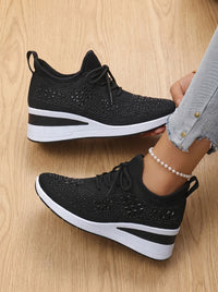 Women's Rhinestone Knit Wedge Lace-Up Orthopedic Sneakers