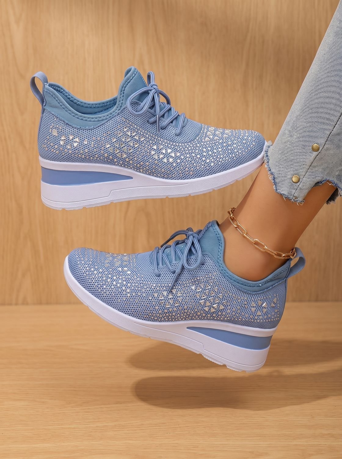Women's Rhinestone Knit Wedge Lace-Up Orthopedic Sneakers