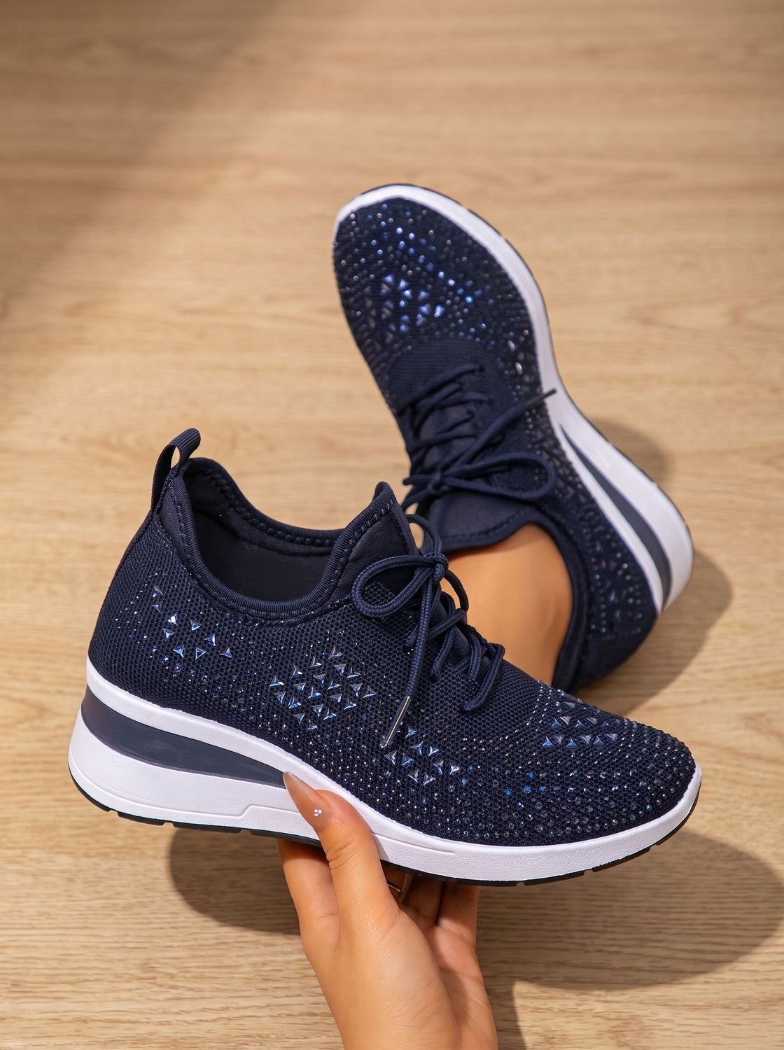 Women's Rhinestone Knit Wedge Lace-Up Orthopedic Sneakers