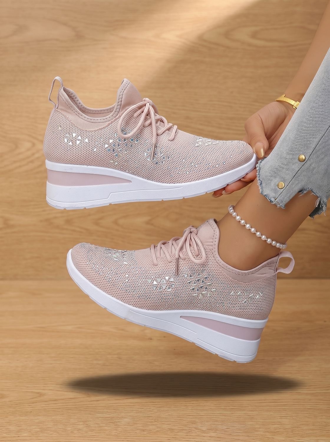 Women's Rhinestone Knit Wedge Lace-Up Orthopedic Sneakers