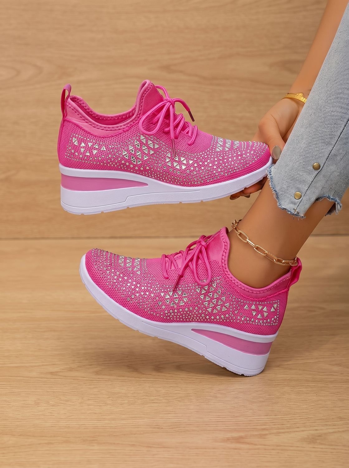 Women's Rhinestone Knit Wedge Lace-Up Orthopedic Sneakers