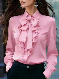 Women's Ruffled Blouse with Bow Collar and Ruffle Front