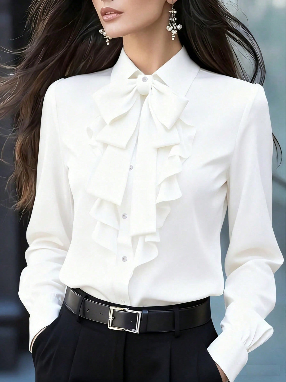 Women's Ruffled Blouse with Bow Collar and Ruffle Front