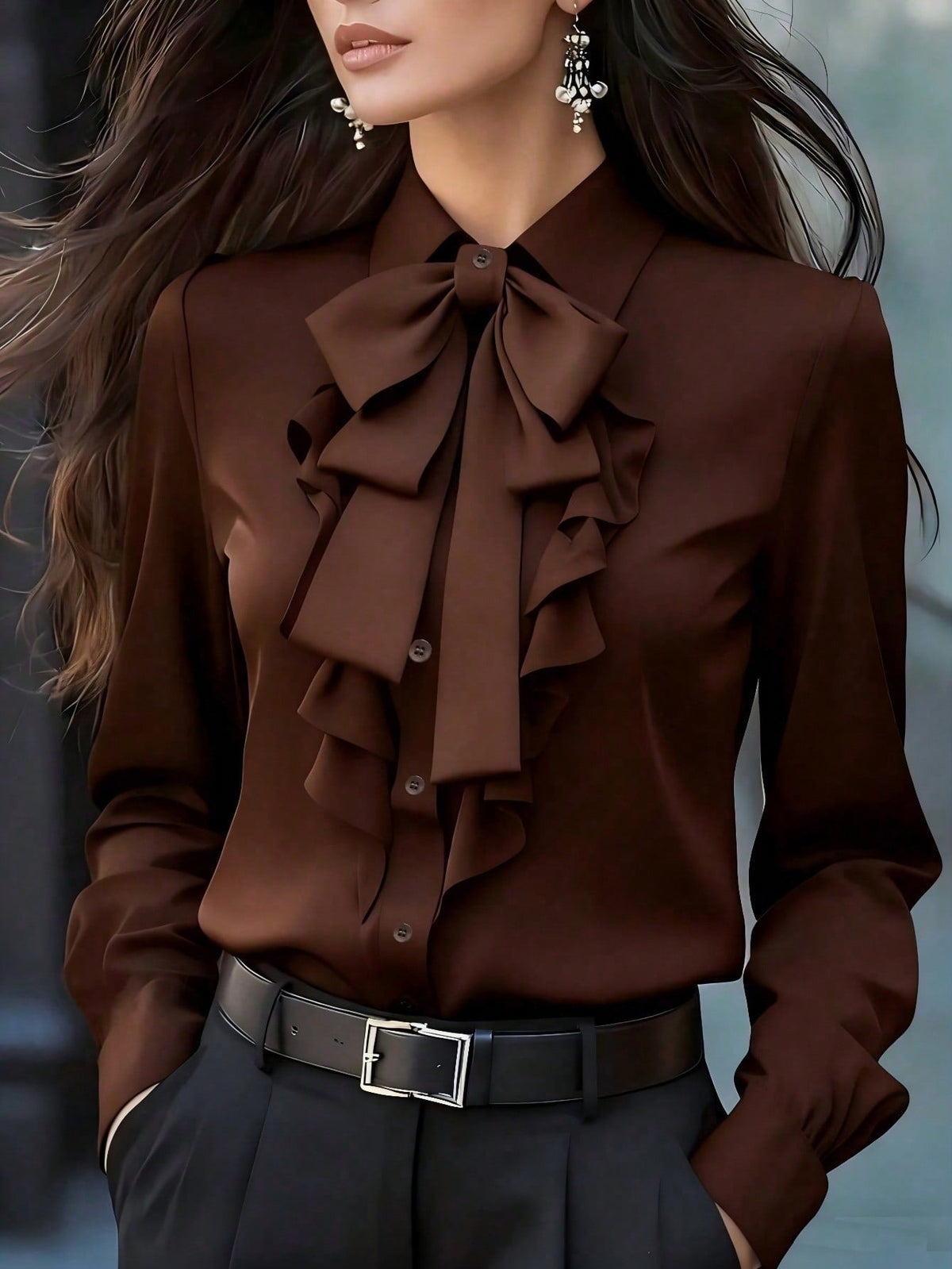 Women's Ruffled Blouse with Bow Collar and Ruffle Front