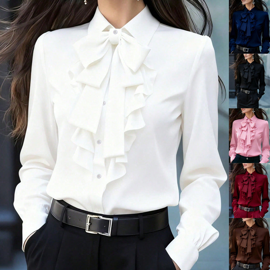 Women's Ruffled Blouse with Bow Collar and Ruffle Front