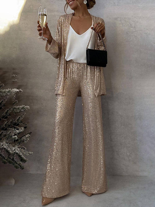 Women's Sparkling Blazer Suit with Wide Legs and Shimmering Sequins Wearclo
