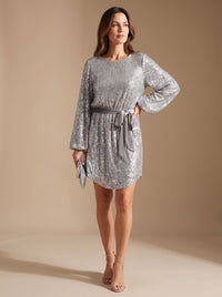 Women's Sparkly Sequin Mini Christmas Party Dress with Balloon Sleeves and Belt
